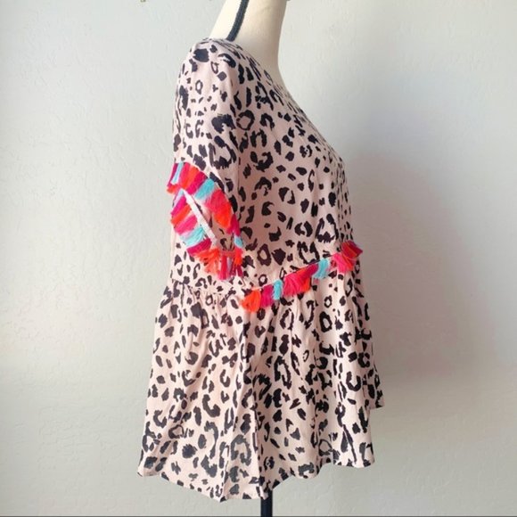 Leopard Babydoll Top with Multicolor Tassels - Picture 5 of 6